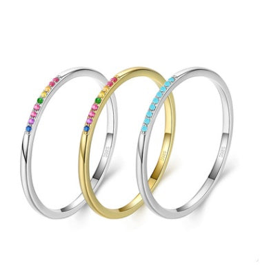Simple And Versatile Sterling Silver Slender Rainbow Stone Ring